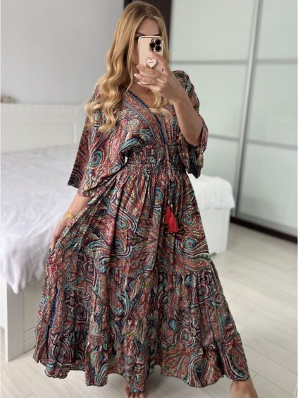 Šaty dlouhé letní zavinovací indické krátký rukáv dámské (S/M/L ONE SIZE) INDICKÁ MÓDA IMWKA24567-7/DUR (Velikost M/L, Barva červená)