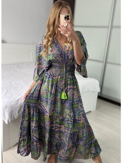 Šaty dlouhé letní zavinovací indické krátký rukáv dámské (S/M/L ONE SIZE) INDICKÁ MÓDA IMWKA24567-8/DUR (Velikost M/L, Barva zelená)