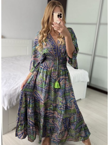 Šaty dlouhé letní zavinovací indické krátký rukáv dámské (S/M/L ONE SIZE) INDICKÁ MÓDA IMWKA24567-8/DUR (Velikost M/L, Barva zelená)