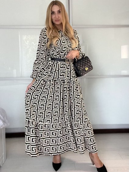 Šaty dlouhé  dlouhý rukáv dámské (M/L ONE SIZE) ITALSKá MóDA IM424TERA-1/DU (Velikost M/L, Barva Černo-bílá)