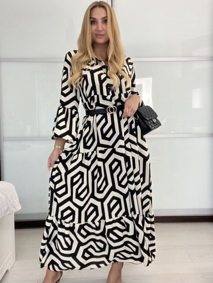 Šaty dlouhé  dlouhý rukáv dámské (M/L ONE SIZE) ITALSKá MóDA IM424TERA-2/DU (Velikost M/L, Barva Černo-bílá)