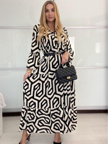 Šaty dlouhé  dlouhý rukáv dámské (M/L ONE SIZE) ITALSKá MóDA IM424TERA-2/DU (Velikost M/L, Barva Černo-bílá)