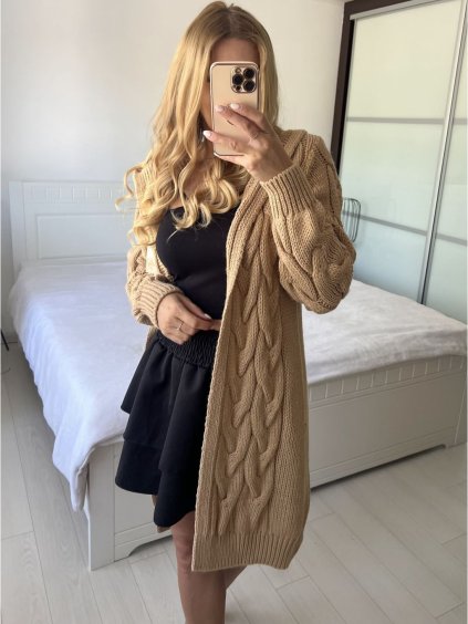 Cardigan pletený dlouhý rukáv dámská (S/M ONE SIZE) ITALSKÁ MÓDA IMPSH233091/DUR (Velikost S/M, Barva béžová)
