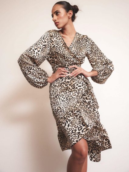Šaty elegantní šifonové dlouhý rukáv leopard dámské (S/M ONE SIZE) ITALSKÁ MÓDA IMM24M4095/DU (Velikost S/M, Barva hnědá)