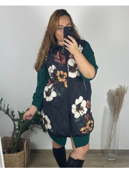 Vesta na zip s kapucí dámská nadrozměr (44/46/48 ONE SIZE ) ITALSKá MóDA IMSM24ROSE/DR (Velikost 44/46, Barva Černá)