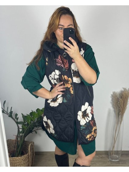 Vesta na zip s kapucí dámská nadrozměr (44/46/48 ONE SIZE ) ITALSKá MóDA IMSM24ROSE/DR (Velikost 44/46, Barva Černá)