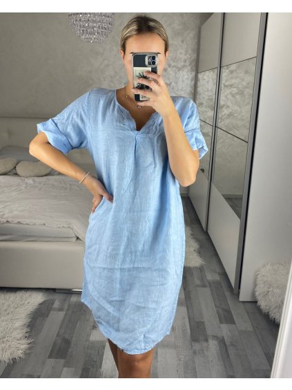 Šaty krátký rukáv dámské nadrozměr(46/48 ONE SIZE) ITALSKÁ MÓDA IMSM24KLASA/DR (Velikost 46/48, Barva světle modrá)