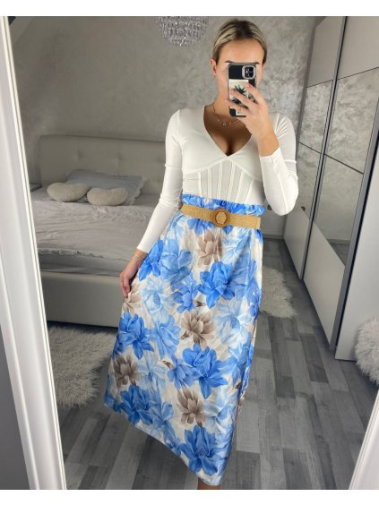 Sukně dlouhá saténová s páskem dámská (S/M ONE SIZE) ITALSKÁ MÓDA IMC24FLOWEER/DR (Velikost S/M, Barva modrá)
