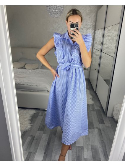 Šaty košilové plátěné bez rukávu dlouhé dámské proužek  (uni s/m) ITALSKá MóDA IMM24BR3239/DR (Velikost S/M, Barva modrá)