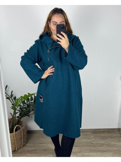 Kabát flaušový s kapucí dlouhý rukáv dámský nadrozměr (54/56/58 ONE SIZE) ITALSKÁ MÓDA IMWC241115/DR (Velikost 56/58, Barva Černá)