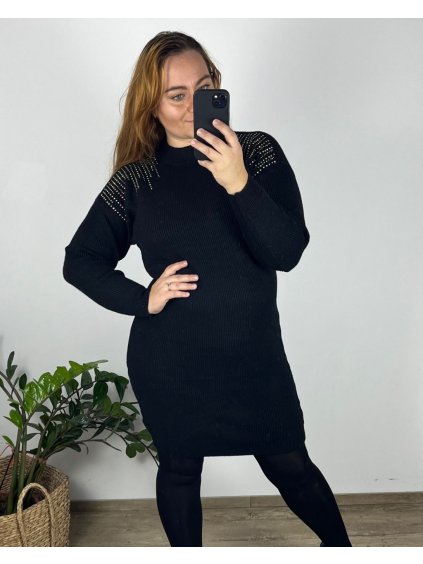 Šaty teplé dlouhý rukáv dámské nadrozměr  (42/44/46 ONE SIZE) ITALSKÁ MÓDA IMD24428/DR (Velikost 44/46, Barva Černá)