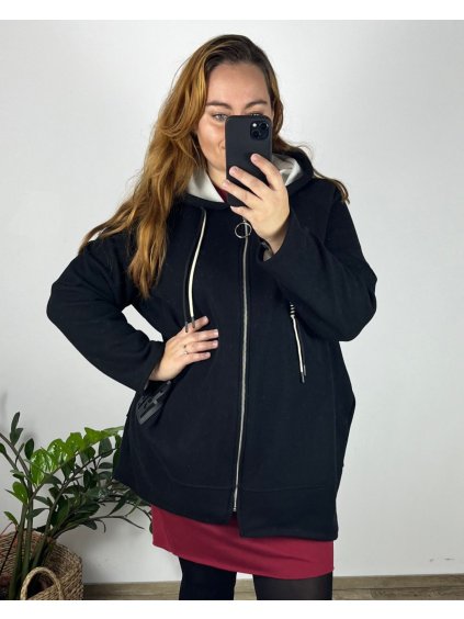 Mikina teplá dlouhý rukáv dámská nadrozměr (54/56/58 ONE SIZE) ITALSKÁ MÓDA IMSM24KENDY/DU (Velikost 56/58, Barva Černá)