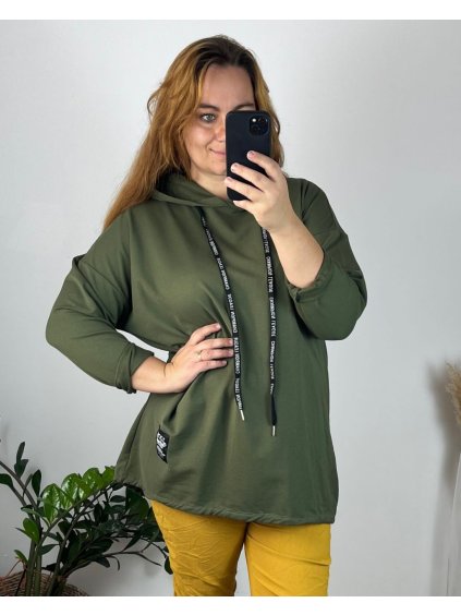Mikina s kapucí dlouhý rukáv dámská nadrozměr (52/54/56 ONE SIZE) ITALSKÁ MÓDA IMD24LUISA/DU (Velikost 54/56, Barva Černá)