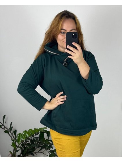 Mikina teplá dlouhý rukáv dámská nadrozměr (54/56/58 ONE SIZE) ITALSKÁ MÓDA IMSM24KIRA/DU (Velikost 54/56, Barva tmavě smaragdová)