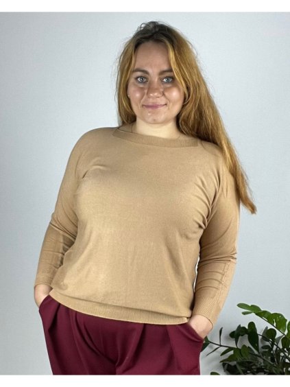Svetr úpletový dlouhý rukáv dámský nadrozměr (50/52/54 ONE SIZE) ITALSKá MóDA IMSM24JK8116-64/DR (Velikost 52/54, Barva hnědá)
