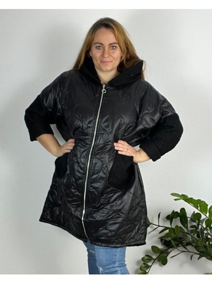 Bunda zimní s kapucí dlouhý rukáv dámská nadrozměr (54/56/58 ONE SIZE) ITALSKÁ MÓDA IMD24436/DR (Velikost 56/58, Barva Černá)
