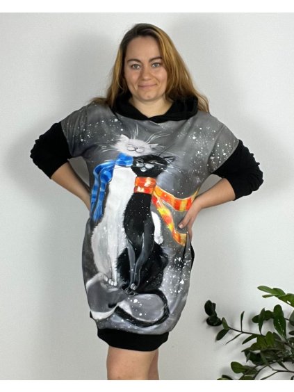 Šaty volnočasové  s kapucí dlouhý rukáv dámské nadrozměr (54/56/58 ONE SIZE) ITALSKÁ MÓDA IMSM24CATS/DUR (Velikost 54/56, Barva Černá)