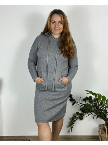 Šaty upletové s kapucí dlouhý rukáv dámské nadrozměr  (44/46/48 ONE SIZE) ITALSKá MODA IM724BASIC/DU (Velikost 46/48, Barva šedá)