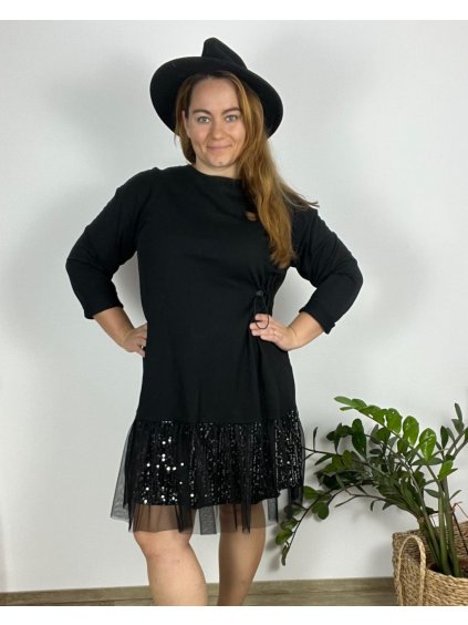 Šaty volnočasové stahovací 3/4 dlouhý rukáv dámské nadrozměr (50/52/54 ONE SIZE) ITALSKÁ MÓDA IM424701/DUR (Velikost 50/52, Barva Černá)