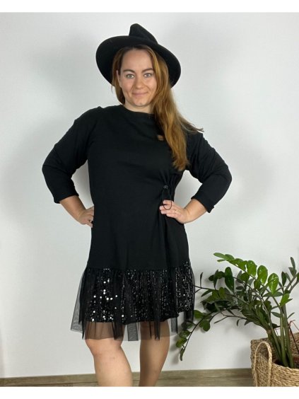 Šaty volnočasové stahovací 3/4 dlouhý rukáv dámské nadrozměr (50/52/54 ONE SIZE) ITALSKÁ MÓDA IM424701/DUR (Velikost 50/52, Barva Černá)