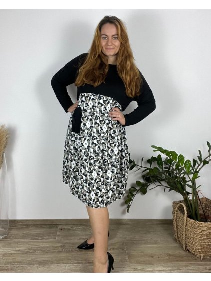 Šaty volnočasové dlouhý rukáv dámské nadrozměr (54/56/58 ONE SIZE) ITALSKá MóDA IM424572-5/DUR (Velikost 56/58, Barva Černá)