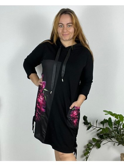 Šaty volnočasové dlouhý rukáv dámské nadrozměr (54/56/58 ONE SIZE) ITALSKÁ MÓDA IM424706-1/DUR (Velikost 56/58, Barva Černá)