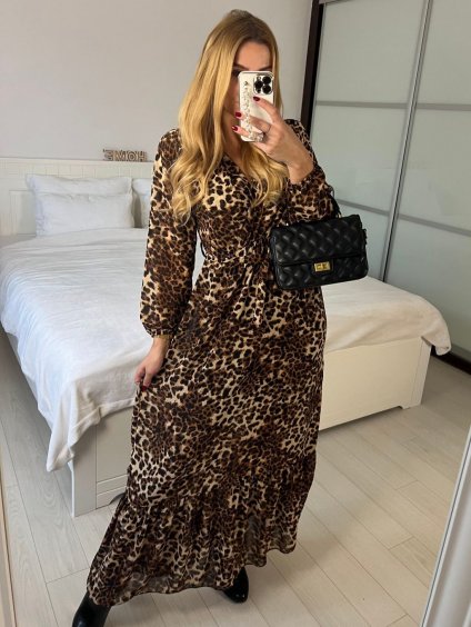 Šaty dlouhé šifonové dlouhý rukáv dámské (S/M ONE SIZE) ITALSKÁ MÓDA IMWCP24415-3/DU (Velikost S/M, Barva hnědá)