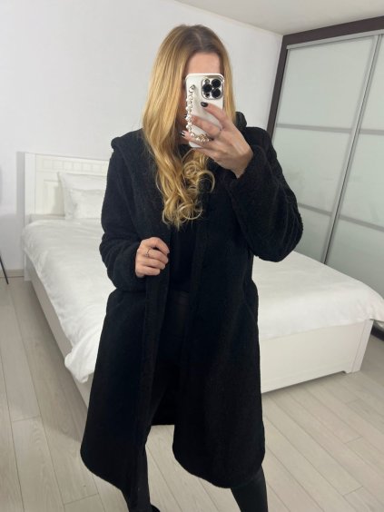Kabát beránkový s kapucí dlouhý rukáv dámský (S/M/L ONE SIZE) ITALSKÁ MÓDA IMWDD24257/DU (Velikost S/M/L, Barva béžová)