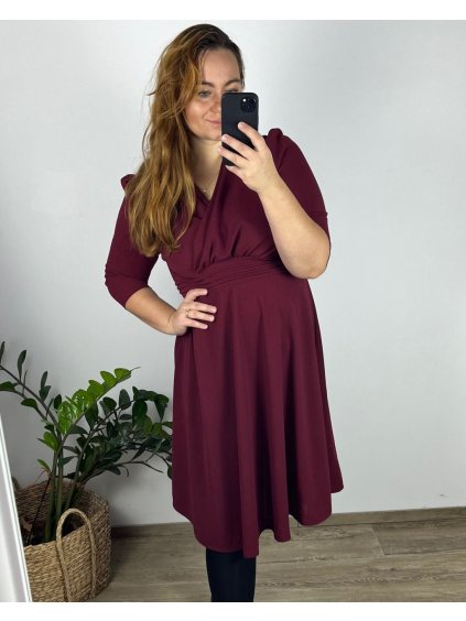 Šaty společenské 3/4 rukáv dámské nadrozměr (42/44/46 ONE SIZE) ITALSKÁ MÓDA IM424JENNY/DR (Velikost 42/44, Barva vínová)
