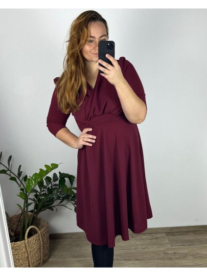 Šaty společenské 3/4 rukáv dámské nadrozměr (42/44/46 ONE SIZE) ITALSKÁ MÓDA IM424JENNY/DR (Velikost 42/44, Barva vínová)