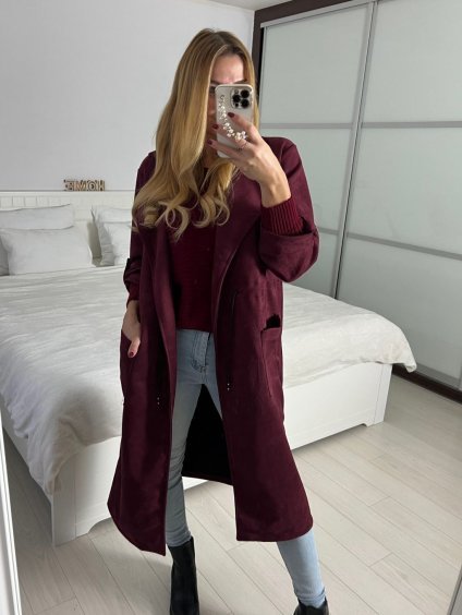Kabát podzimní broušená koženka dámský (S/M/L ONE SIZE) ITALSKÁ MÓDA IMD211192/DU (Velikost S/M/L, Barva vínová)