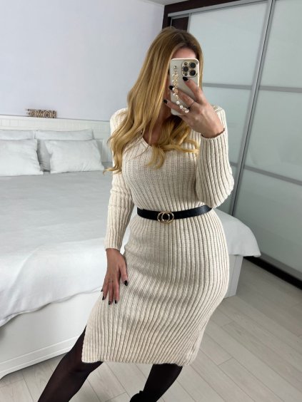 Šaty pletené dlouhý rukáv dámské (S/M/L ONE SIZE) ITALSKÁ MÓDA IMWBL24150/DUR (Velikost S/M/L, Barva béžová smetanová)