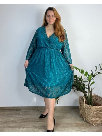 Šaty elegantní s krajkou dlouhý rukáv dámské nadrozměr (54/56/58 ONE SIZE) ITALSKá MóDA IM424TOSKANA/DUR (Velikost 54/56, Barva Černá)