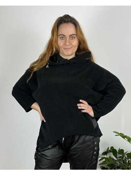 Mikina oversize s kapucí dlouhý rukáv dámská nadrozměr (54/56/58 ONE SIZE) ITALSKÁ MÓDA IMD23676/DR (Velikost 56/58, Barva Černá)