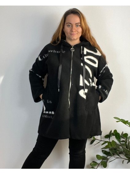 Kabát teplý s kapucí dlouhý rukáv dámský nadrozměr (54/56/58 ONE SIZE) ITALSKÁ MÓDA IMSM24NUMBER/DR (Velikost 56/58, Barva Černá)