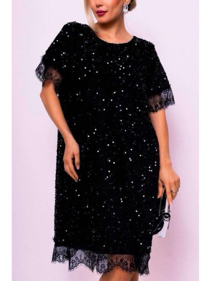Šaty s flitry teplejší zdobené krajkou krátký  rukáv dámské (42/44/46 onesize) Italská moda IMWMY2439314