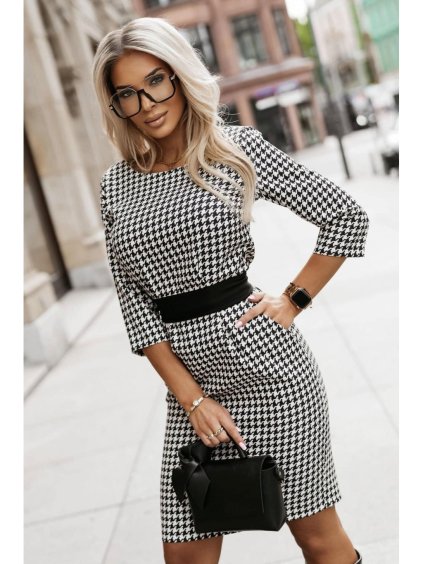 Šaty krátké šachovnicové  elegantní 3/4 dlouhý rukáv dámské nadrozměr (44/46/48 ONE SIZE) ITALSKÁ MÓDA IMD24419/DR