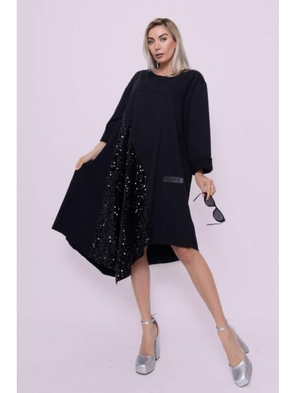 Šaty teplé s flitry oversize dlouhý rukáv dámský (42/44/46 onesize) italská móda  IMWMY2437347/DR (Velikost 42/44/46, Barva Černá)
