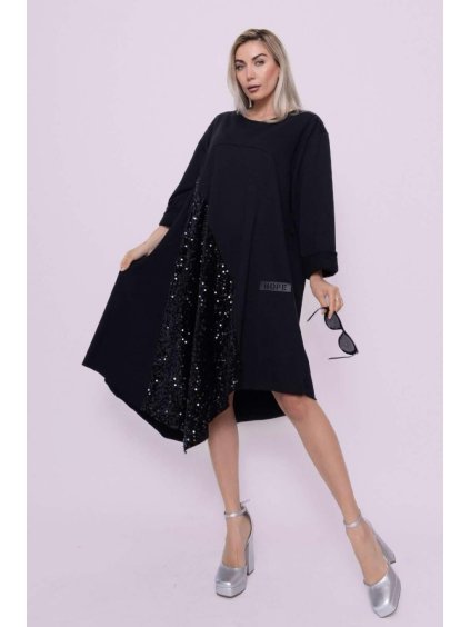 Šaty teplé s flitry oversize dlouhý rukáv dámský (42/44/46 onesize) italská móda  IMWMY2437347/DR (Velikost 42/44/46, Barva Černá)