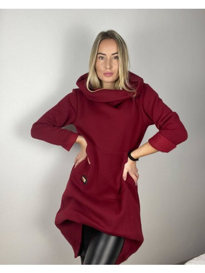 Mikina teplá prodloužená s kapucí dámská (S/M/L ONE SIZE) ITALSKÁ MÓDA IMD23721/DR (Velikost S/M, Barva vínová)