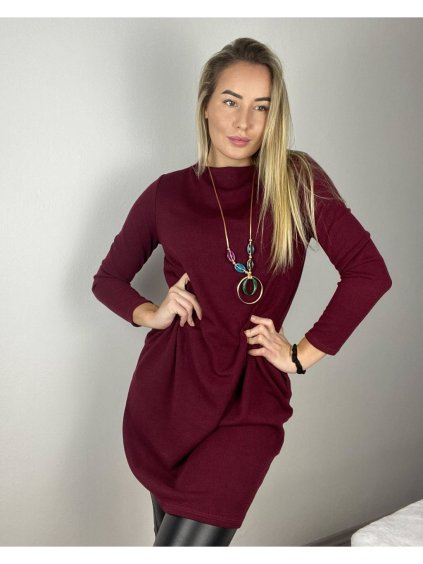 Šaty s přívěskem dlouhý  rukáv dámské (S/M/L ONE SIZE) ITALSKÁ MÓDA IMM24NECKLES/DR (Velikost S/M, Barva béžová krémová)