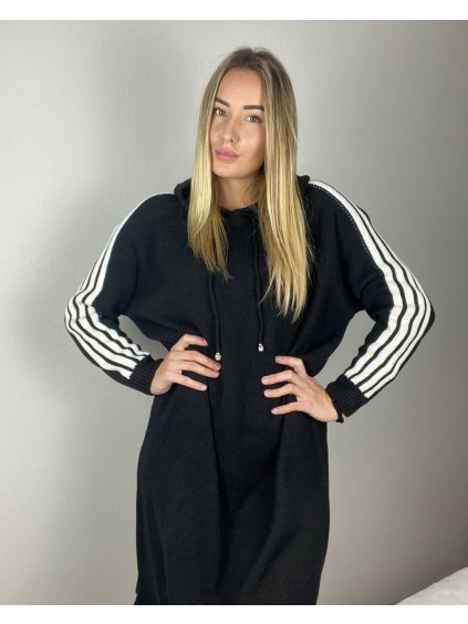 Šaty pletené teplé s kapucí dlouhý rukáv dámské nadrozměr (50/52/54ONE SIZE) ITALSKÁ MÓDA IM424700/DR (Velikost 50/52, Barva Černá)
