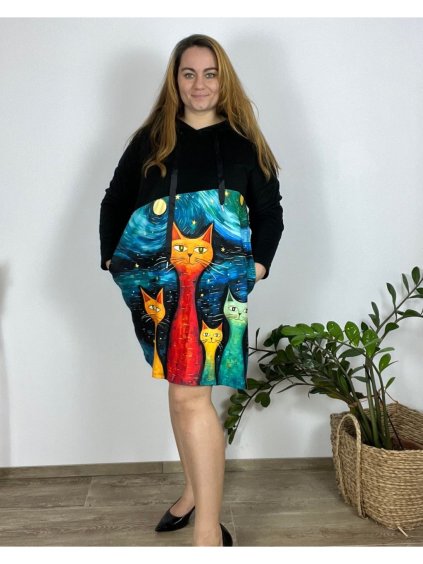 Šaty mikinové s kapucí obrázkové dlouhý rukáv dámské nadrozměr (54/56/58 ONE SIZE) ITALSKÁ MÓDA IM424793-4/DR