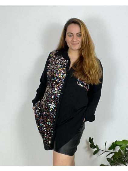 Košile flitrovaná dlouhý rukáv dámská nadrozměr (54/56/58 ONE SIZE) ITALSKÁ MÓDA IMWT24JANET/DR (Velikost 54/56, Barva Černá)