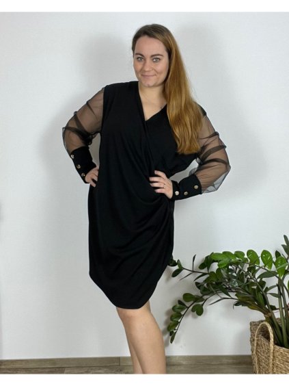 Šaty elegantní  douhý rukáv dámské nadrozměr (52/54/56 ONE SIZE) ITALSKÁ MÓDA IMWT24WENDY/DR (Velikost 54/56, Barva Černá)