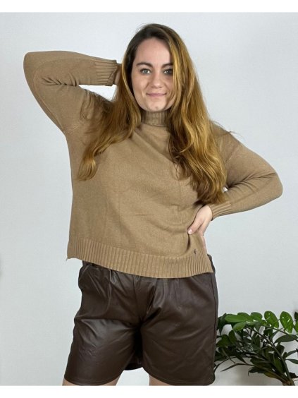 Svetr se stojáčkem dlouhý rukáv dámský nadrozměr (50/52/54 ONE SIZE) ITALSKá MóDA IMSM24BETTY-64/DR (Velikost 52/54, Barva hnědá)
