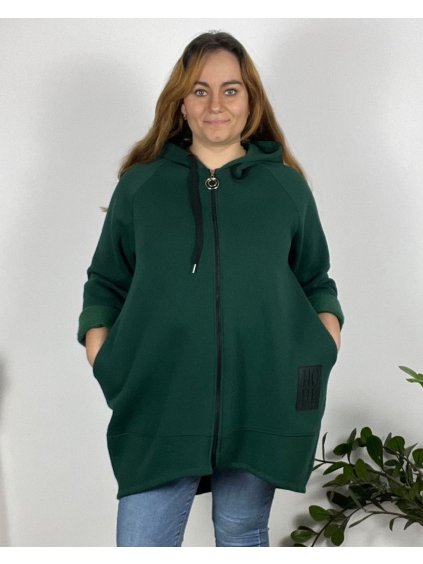 Mikina s kapucí dlouhý rukáv dámská nadrozměr (50/52/54 ONE SIZE) ITALSKÁ MÓDA IMSM24KRITY/DR (Velikost 52/54, Barva tmavě smaragdová)
