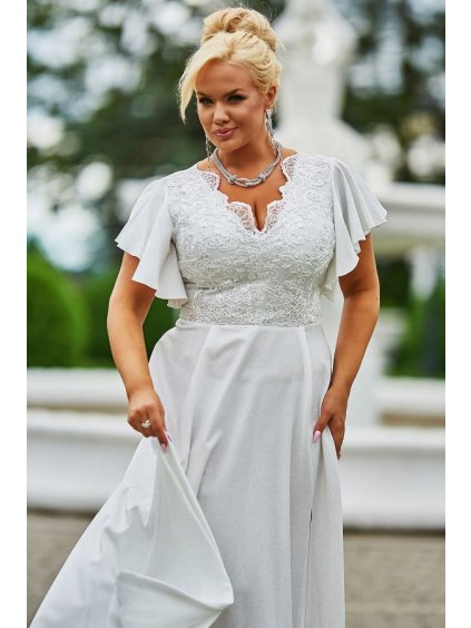 Šaty dlouhé elegantní společenské krátký rukáv dámské nadrozměr (38-54) POLSKÁ MÓDA PMLBF23LAURA (Velikost 38, Barva bílá)