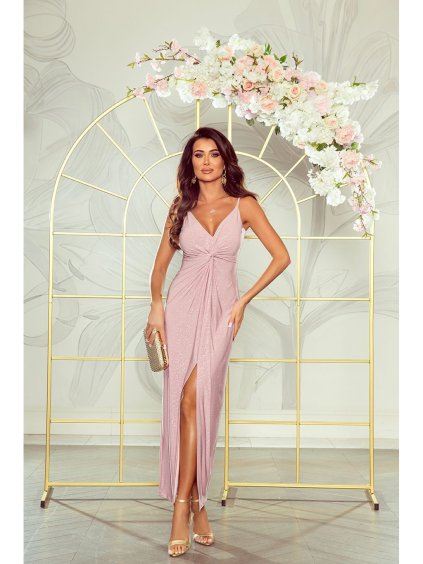 Šaty dlouhé elegantní třpytivé na ramínka dámské (34-40) POLSKÁ MÓDA PMLWD24GLORIA (Velikost 34, Barva růžová starorůžová)