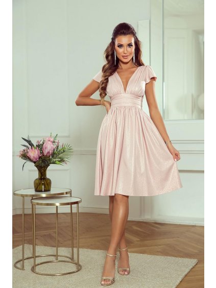 Šaty elegantní třpytivé krátký rukáv dámské nadrozměr (34-48) POLSKÁ MÓDA PMLWD24NINA-8 (Velikost 34, Barva růžová baby)